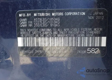 2013 Mitsubishi Lancer Gt z USA, uszkodzony, nr VIN JA32U8FW2DU015703